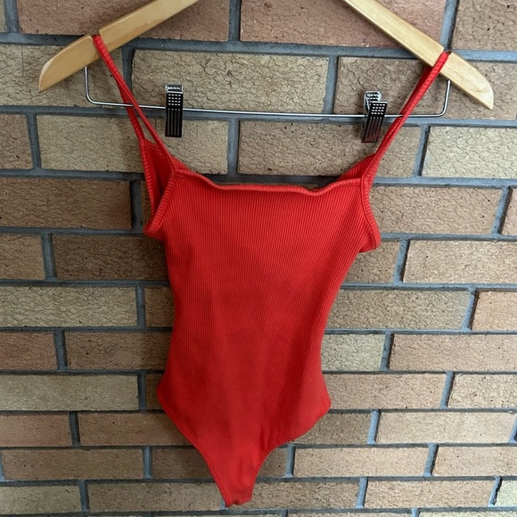 Lulus Ribbed Bodycon Bodysuit Tank Cross Back Strappy Orange/Red Size Small - Picture 1 of 6